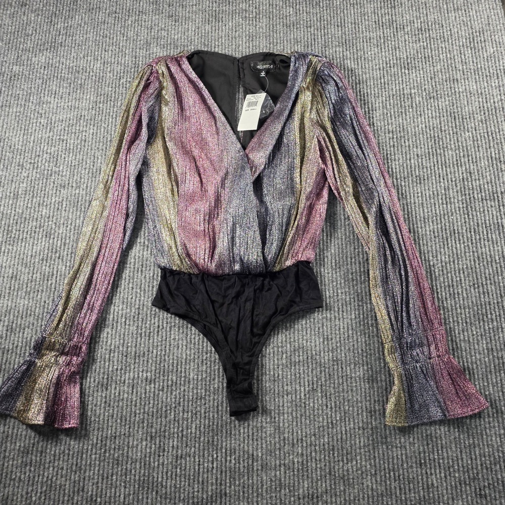 4SI3NNA Dee-Elly Multicolor Metallic Stripe Bodysuit V-Neck Long Sleeve Small